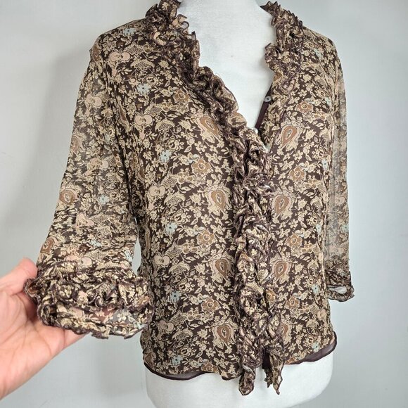 Vintage 90s Malcolm & Co Brown Ditsy Floral Ruffle Button Front Silk Blouse - Picture 4 of 6